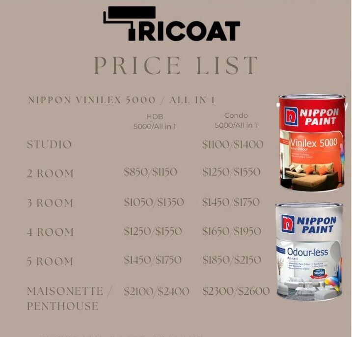 Tricoat painting services price list for HDB and Condo, including Nippon Paint Vinilex 5000, Odour-less, water/oil sealants, and Bodelac 9000 for doors, frames, gates, and pipes in Singapore.